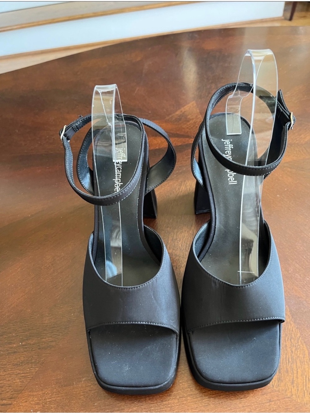 Jeffrey Campbell Black Square-Toe Ankle-Strap Block Heels